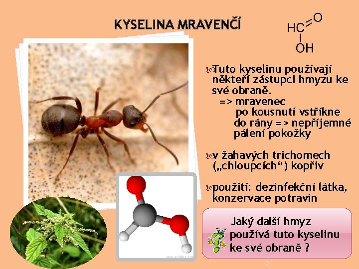 KYSELINA MRAVENČÍ Tuto kyselinu používají někteří zástupci hmyzu ke své obraně. => mravenec po