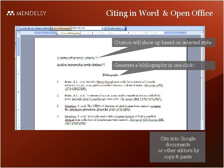 Citing in Word & Open Office Citation will show up based on selected style