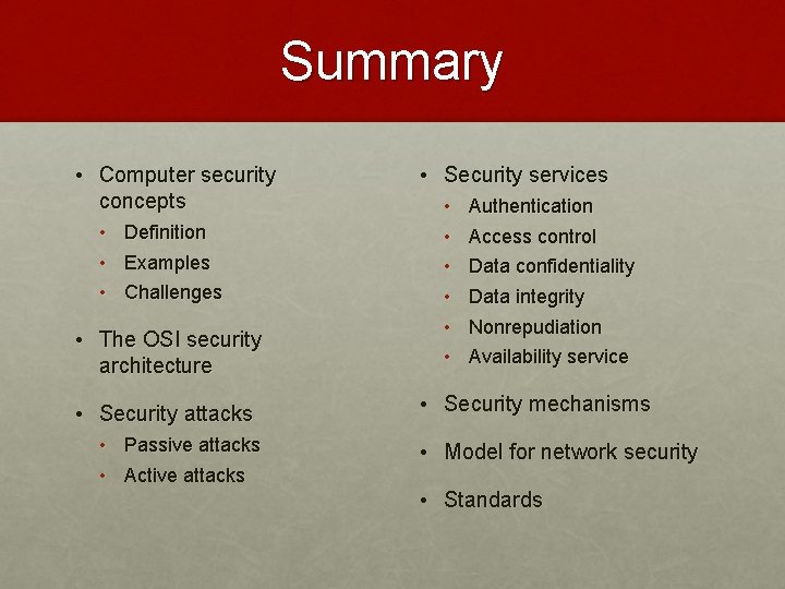 Summary • Computer security concepts • Definition • Examples • Challenges • The OSI