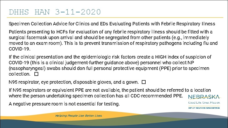 DHHS HAN 3 -11 -2020 Specimen Collection Advice for Clinics and EDs Evaluating Patients