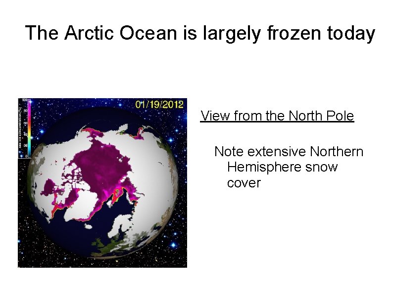 The Arctic Ocean is largely frozen today View from the North Pole Note extensive