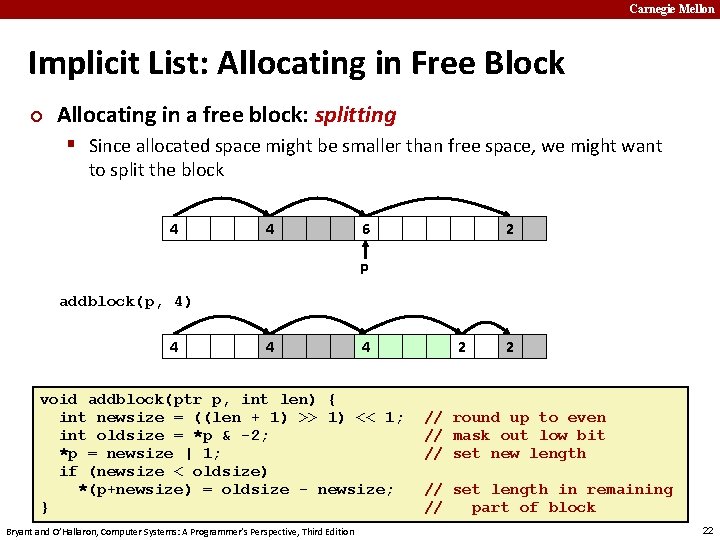 Carnegie Mellon Implicit List: Allocating in Free Block ¢ Allocating in a free block: