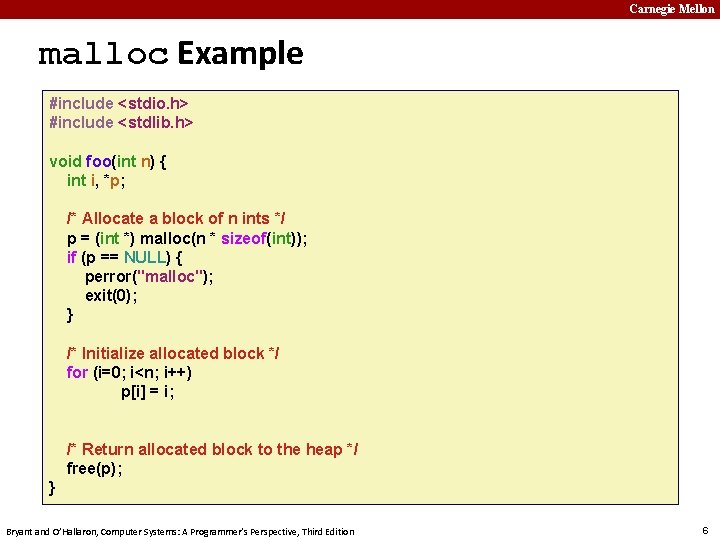 Carnegie Mellon malloc Example #include <stdio. h> #include <stdlib. h> void foo(int n) {
