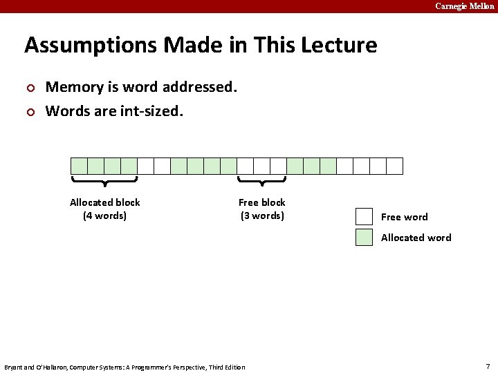 Carnegie Mellon Assumptions Made in This Lecture ¢ ¢ Memory is word addressed. Words