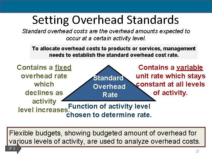 Setting Overhead Standards Standard overhead costs are the overhead amounts expected to occur at