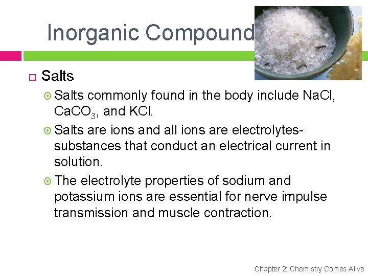 Inorganic Compounds Salts commonly found in the body include Na. Cl, Ca. CO 3,