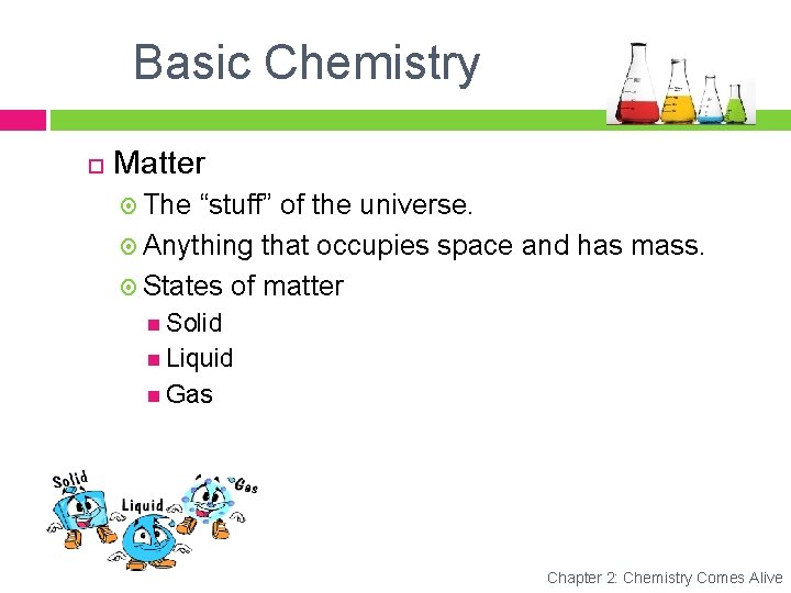 Basic Chemistry Matter The “stuff” of the universe. Anything that occupies space and has