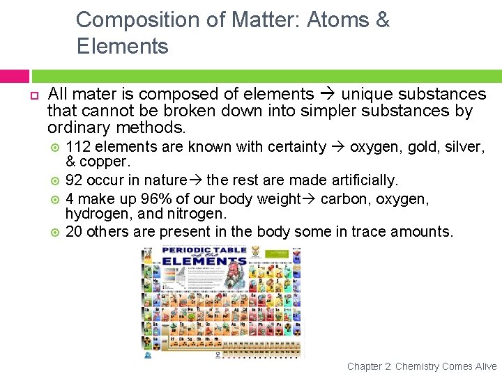 Composition of Matter: Atoms & Elements All mater is composed of elements unique substances