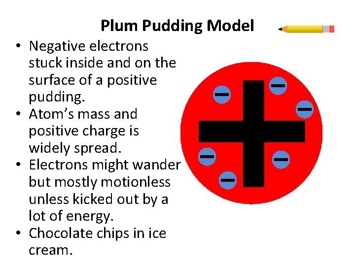 Plum Pudding Model • Negative electrons stuck inside and on the surface of a