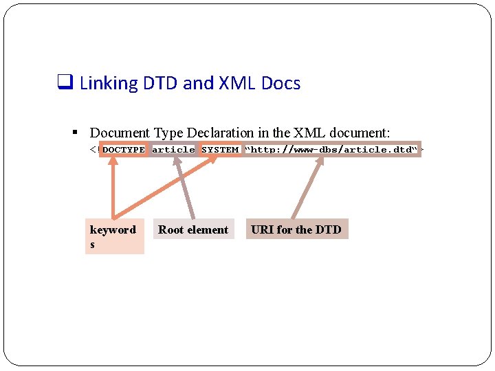 q Linking DTD and XML Docs § Document Type Declaration in the XML document: