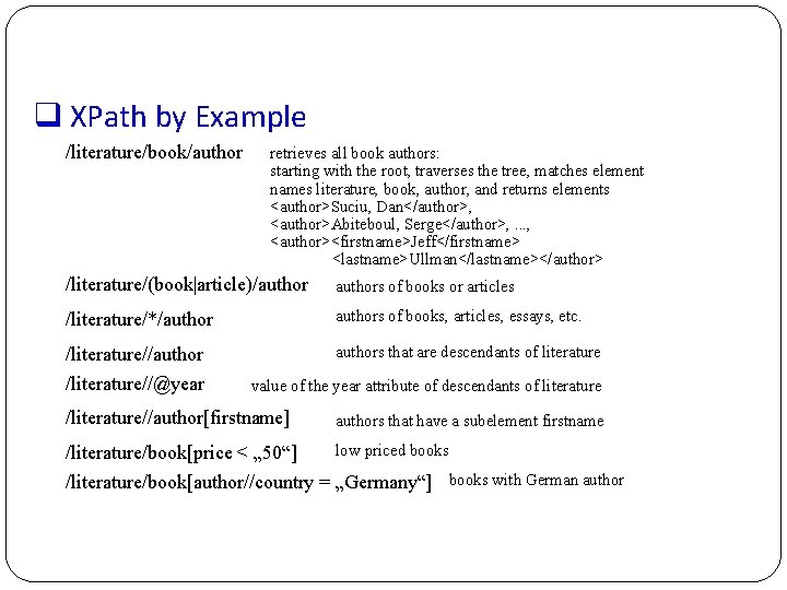 q XPath by Example /literature/book/author retrieves all book authors: starting with the root, traverses