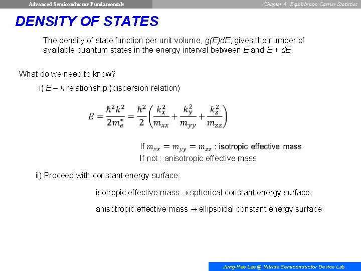 Advanced Semiconductor Fundamentals Chapter 4. Equilibrium Carrier Statistics DENSITY OF STATES The density of