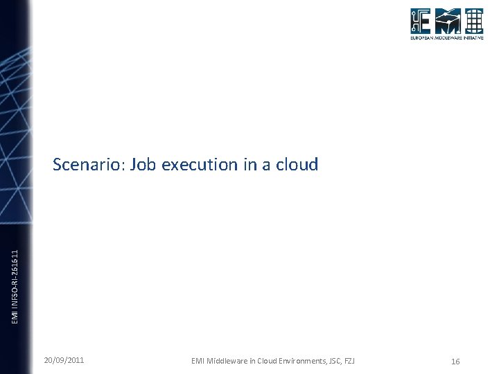 EMI INFSO-RI-261611 Scenario: Job execution in a cloud 20/09/2011 EMI Middleware in Cloud Environments,