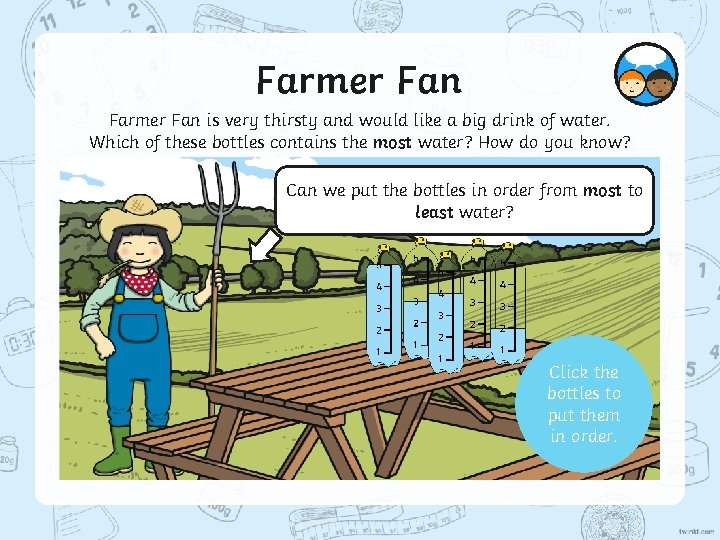 Farmer Fan is very thirsty and would like a big drink of water. Which Farmer Fan is very thirsty and would like a big drink of water. Which