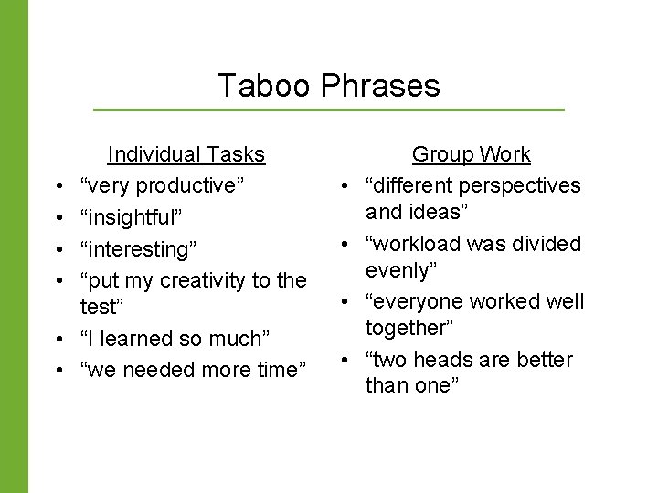 Taboo Phrases • • • Individual Tasks “very productive” “insightful” “interesting” “put my creativity Taboo Phrases • • • Individual Tasks “very productive” “insightful” “interesting” “put my creativity