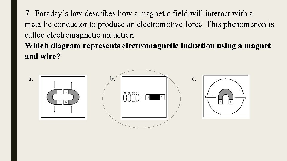 7. Faraday’s law describes how a magnetic field will interact with a metallic conductor