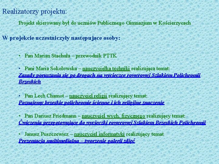 Realizatorzy projektu: Projekt skierowany był do uczniów Publicznego Gimnazjum w Kościerzycach W projekcie uczestniczyły