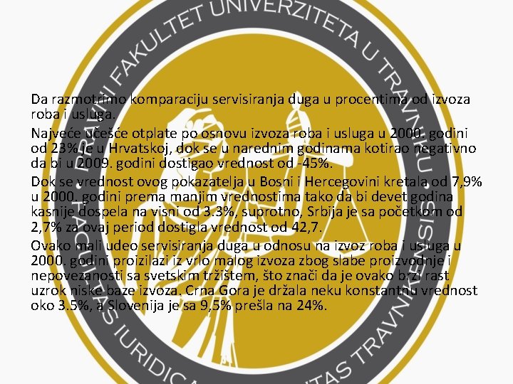 Da razmotrimo komparaciju servisiranja duga u procentima od izvoza roba i usluga. Najveće učešće