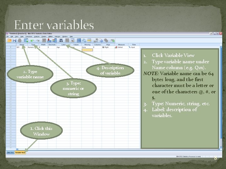 Enter variables 4. Description of variable 2. Type variable name 3. Type: numeric or