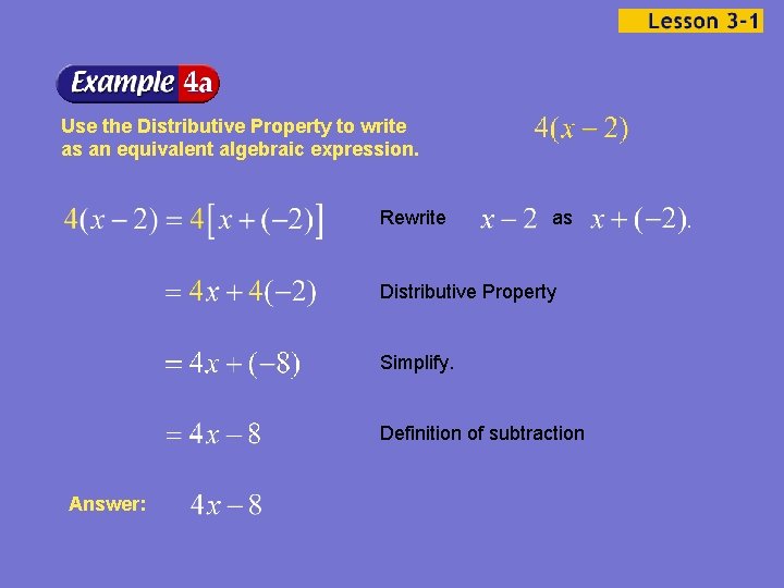 Use the Distributive Property to write as an equivalent algebraic expression. Rewrite as Distributive