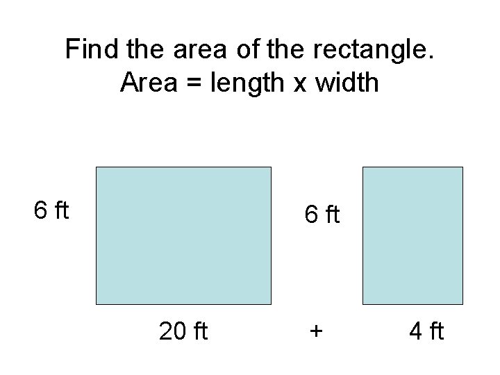 Find the area of the rectangle. Area = length x width 6 ft 20