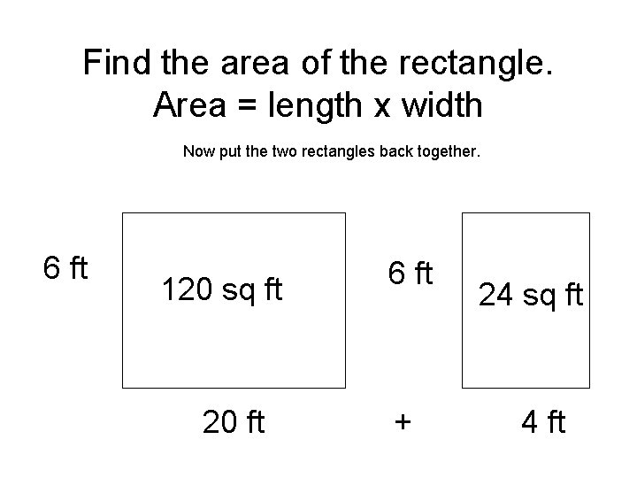 Find the area of the rectangle. Area = length x width Now put the