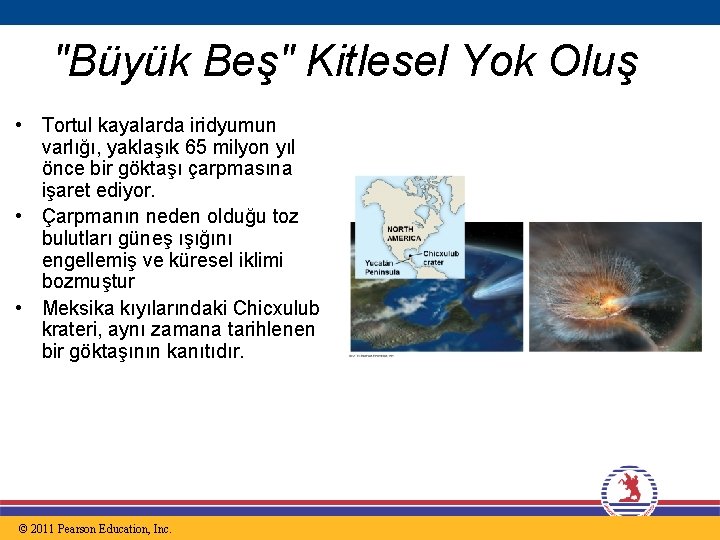 "Büyük Beş" Kitlesel Yok Oluş • Tortul kayalarda iridyumun varlığı, yaklaşık 65 milyon yıl