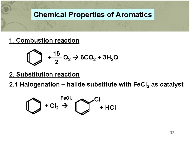 Chemical Properties of Aromatics 1. Combustion reaction 15 + O 2 6 CO 2