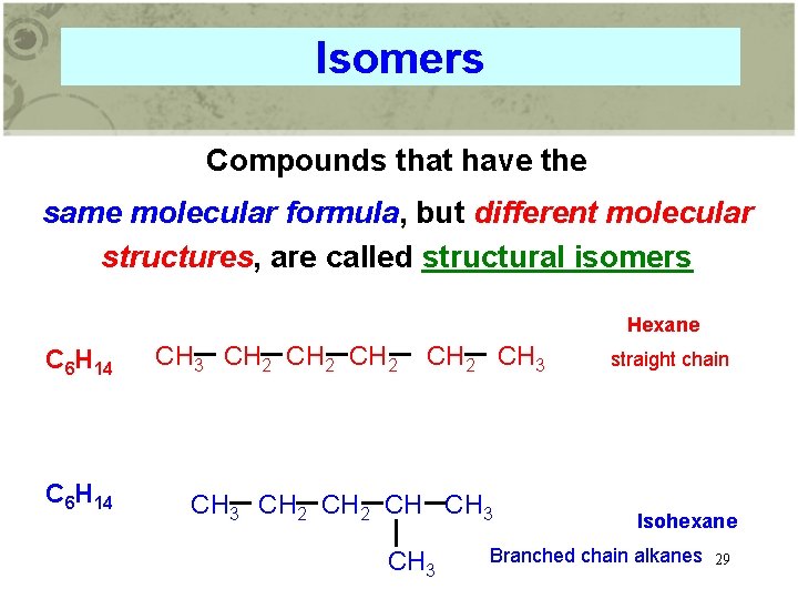 Isomers Compounds that have the same molecular formula, but different molecular structures, are called