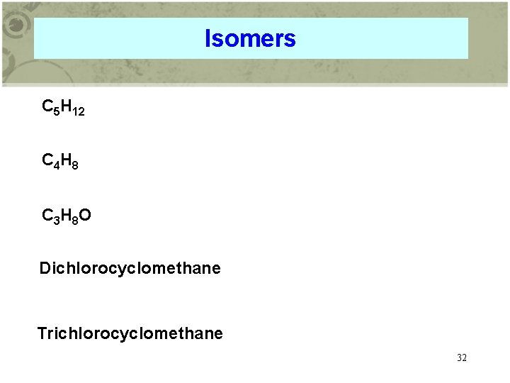 Isomers C 5 H 12 C 4 H 8 C 3 H 8 O