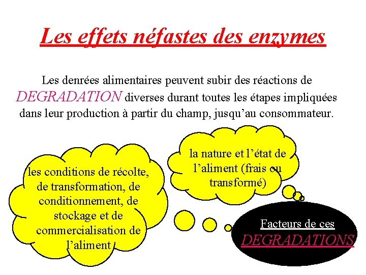 Les effets néfastes des enzymes Les denrées alimentaires peuvent subir des réactions de DEGRADATION