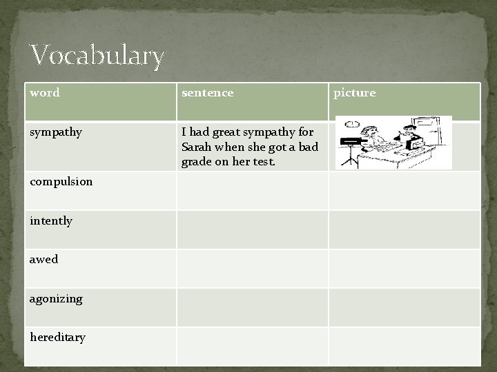 Vocabulary word sentence sympathy I had great sympathy for Sarah when she got a