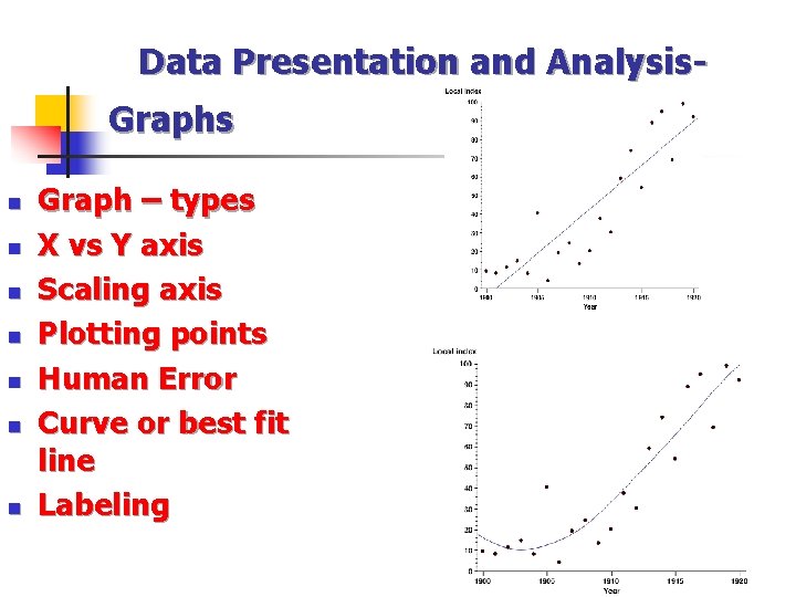 Data Presentation and Analysis. Graphs n n n n Graph – types X vs