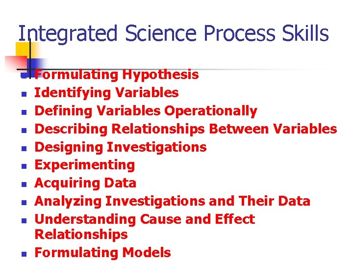 Integrated Science Process Skills n n n n n Formulating Hypothesis Identifying Variables Defining