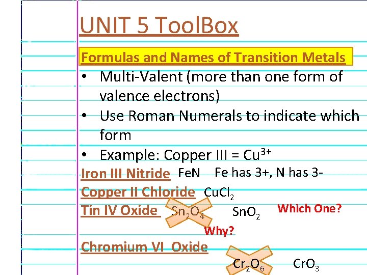 UNIT 5 Tool. Box Formulas and Names of Transition Metals • Multi-Valent (more than