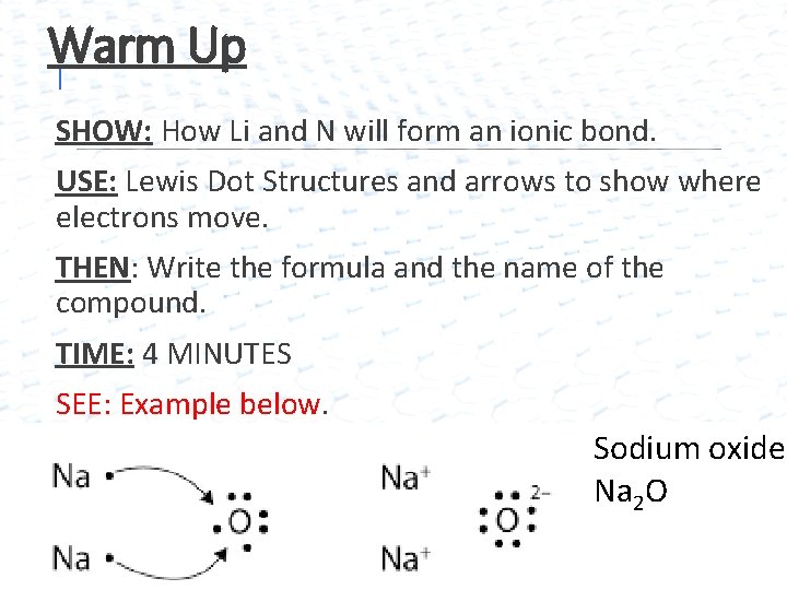 Warm Up I SHOW: How Li and N will form an ionic bond. USE: