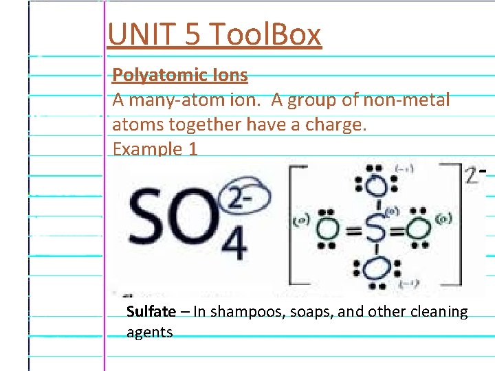 UNIT 5 Tool. Box Polyatomic Ions A many-atom ion. A group of non-metal atoms