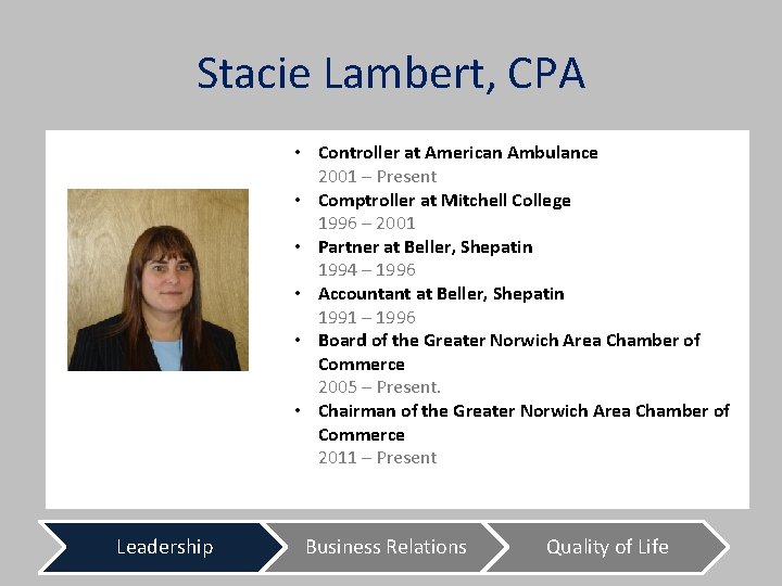 Stacie Lambert, CPA • Controller at American Ambulance 2001 – Present • Comptroller at