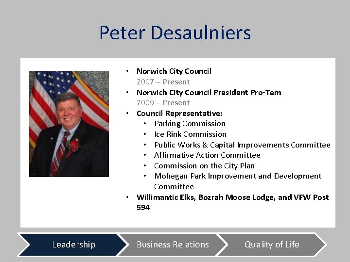 Peter Desaulniers • Norwich City Council 2007 – Present • Norwich City Council President