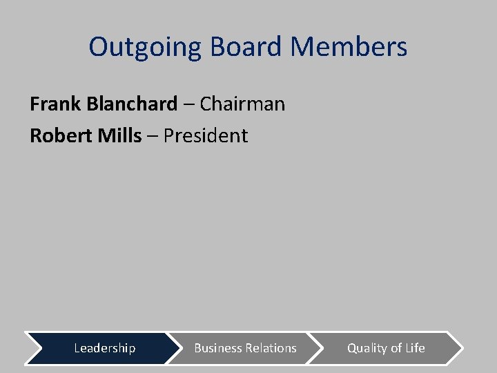 Outgoing Board Members Frank Blanchard – Chairman Robert Mills – President Leadership Business Relations