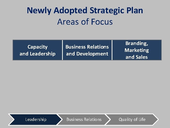Newly Adopted Strategic Plan Areas of Focus Capacity and Leadership Business Relations and Development