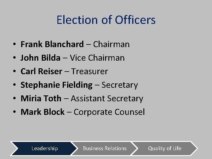 Election of Officers • • • Frank Blanchard – Chairman John Bilda – Vice