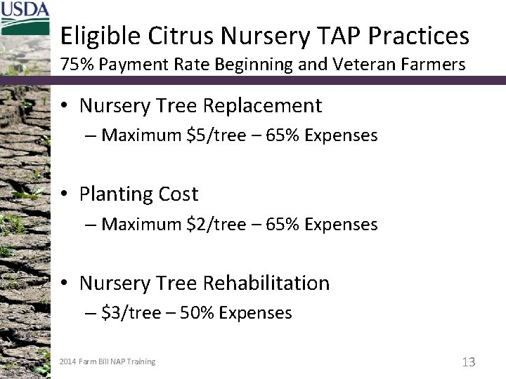 Eligible Citrus Nursery TAP Practices 75% Payment Rate Beginning and Veteran Farmers • Nursery