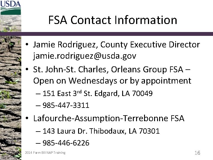 FSA Contact Information • Jamie Rodriguez, County Executive Director jamie. rodriguez@usda. gov • St.