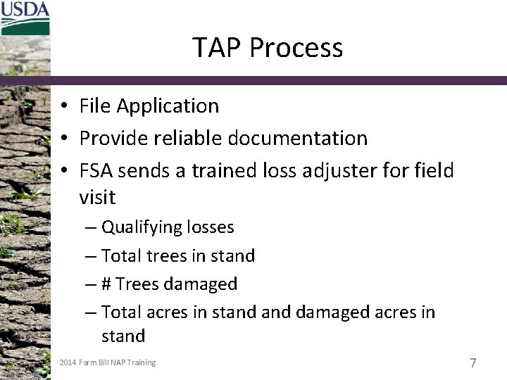 TAP Process • File Application • Provide reliable documentation • FSA sends a trained