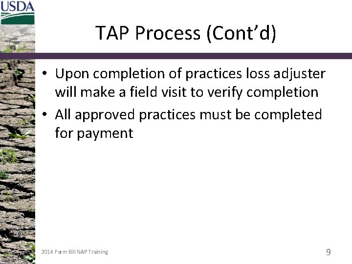TAP Process (Cont’d) • Upon completion of practices loss adjuster will make a field