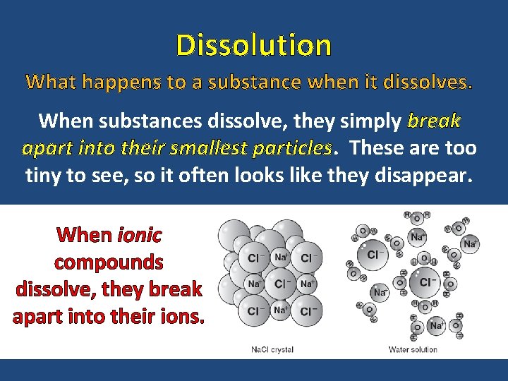 Dissolution What happens to a substance when it dissolves. When substances dissolve, they simply