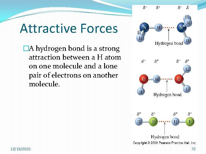 Attractive Forces �A hydrogen bond is a strong attraction between a H atom on Attractive Forces �A hydrogen bond is a strong attraction between a H atom on