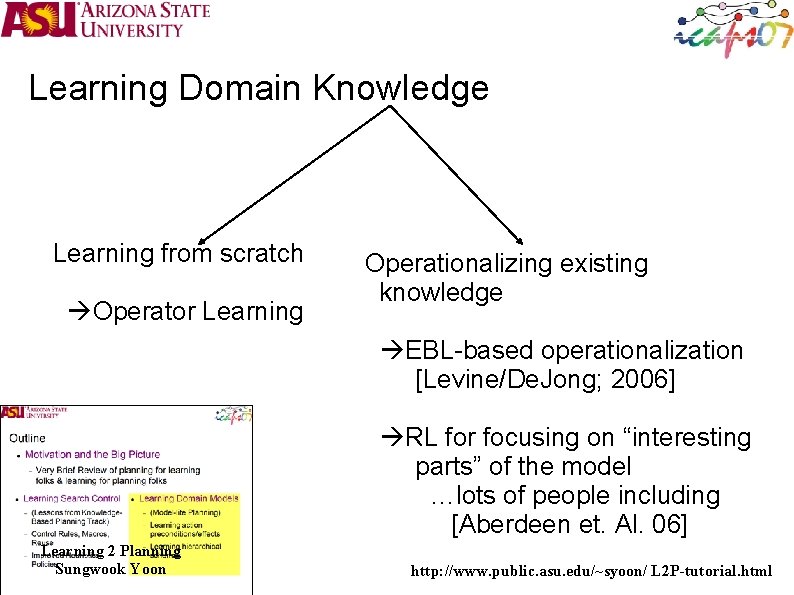 Learning Domain Knowledge Learning from scratch Operator Learning Operationalizing existing knowledge EBL-based operationalization [Levine/De.