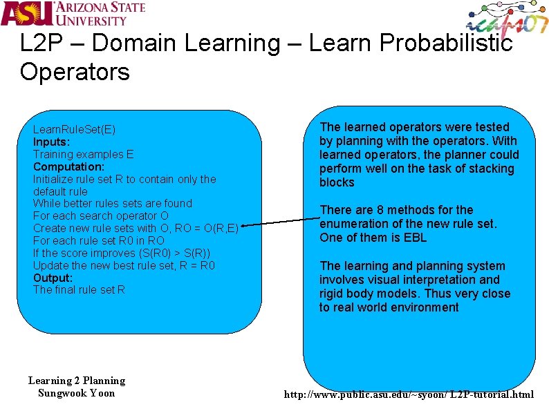 L 2 P – Domain Learning – Learn Probabilistic Operators Learn. Rule. Set(E) Inputs: